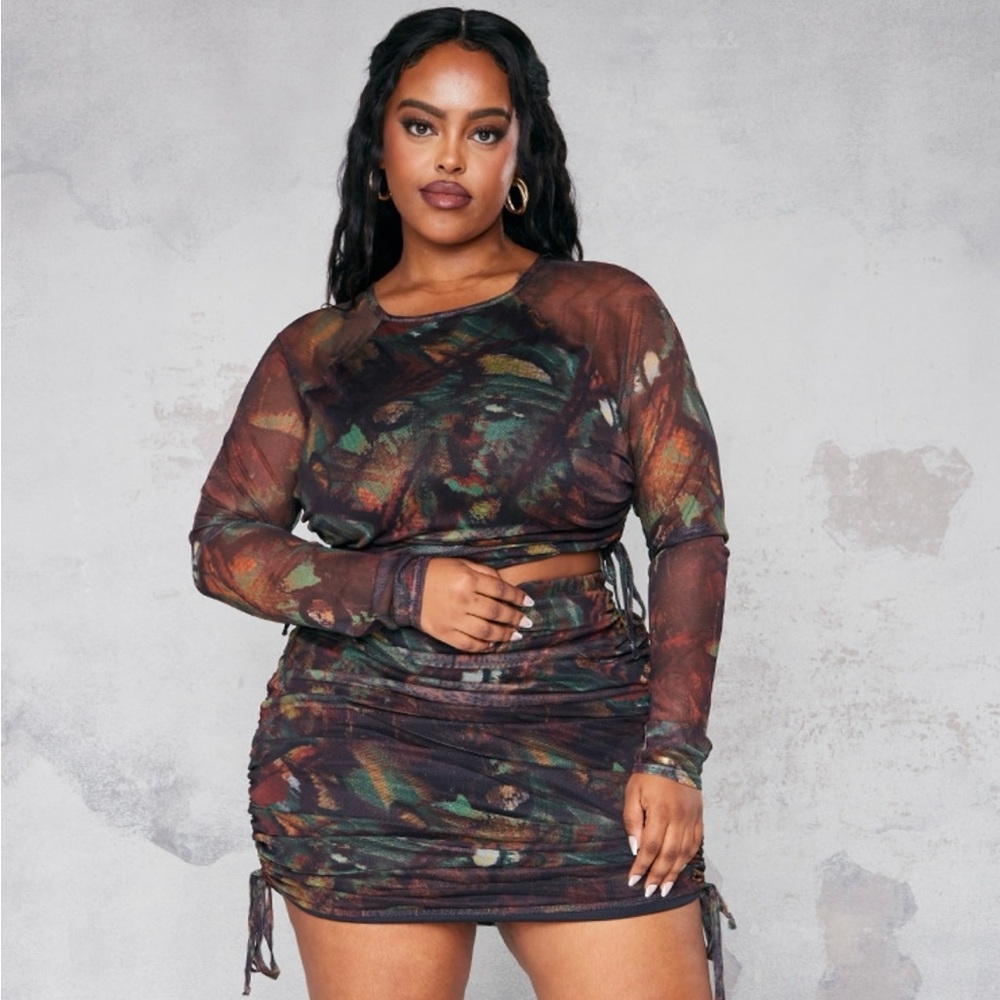 Abstract Printed Ruched Mesh Mini Skirt and Top Matching Set